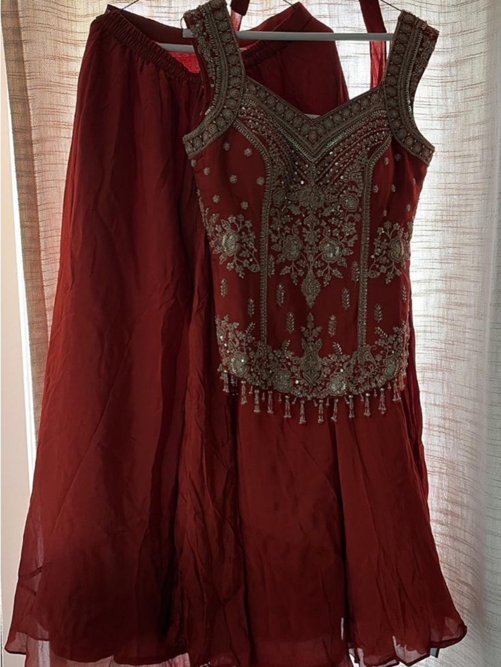Beaded Maroon Sleeveless Wedding Dress with Embellished Bodice